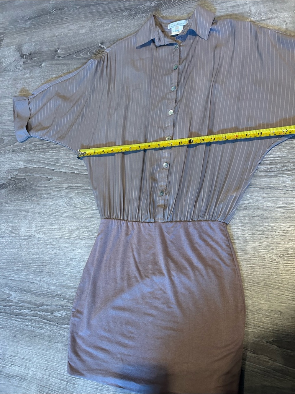 Costa Blanca Taupe Pinstripe Batwing Sleeve Mini Shirt Dress Size S - Picture 4 of 12